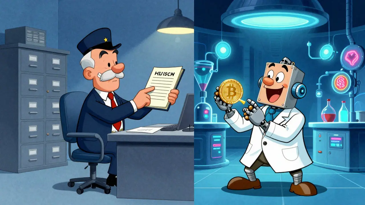 Vintage cartoon comparing the bureaucratic EU approach and the innovative US approach to crypto