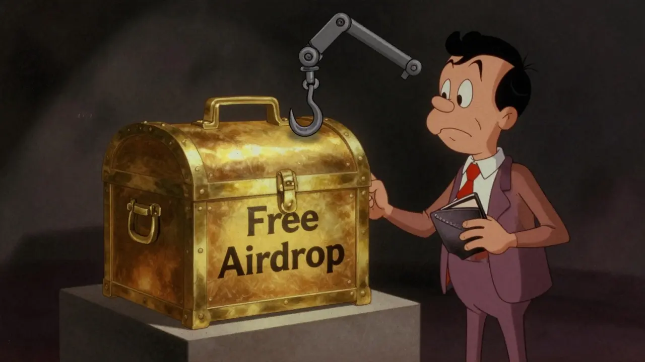 Vintage cartoon depicting a fake airdrop chest as a trap for a crypto wallet