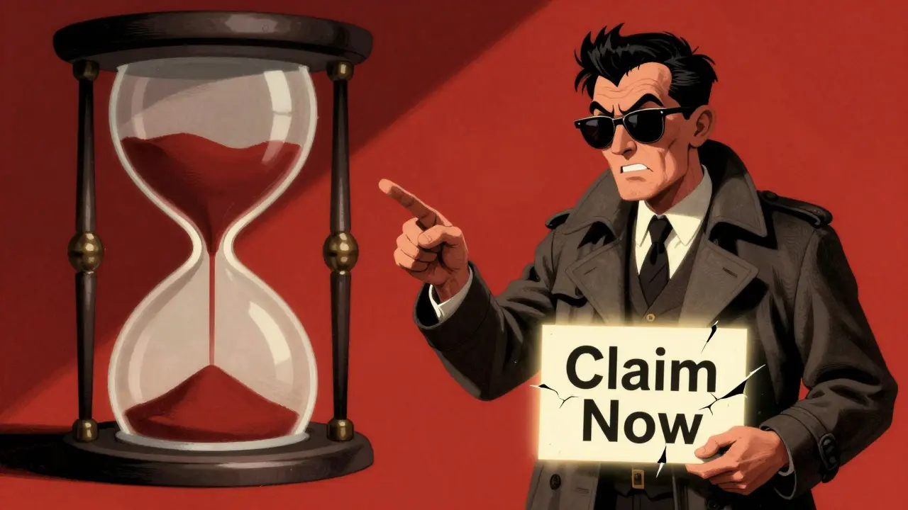 Vintage cartoon detective exposing a scammer holding a fake token claim sign
