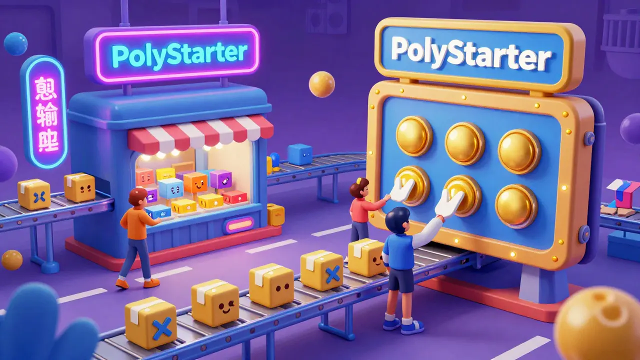 Vintage cartoon illustration of the PolyStarter decentralized launchpad hub with active users