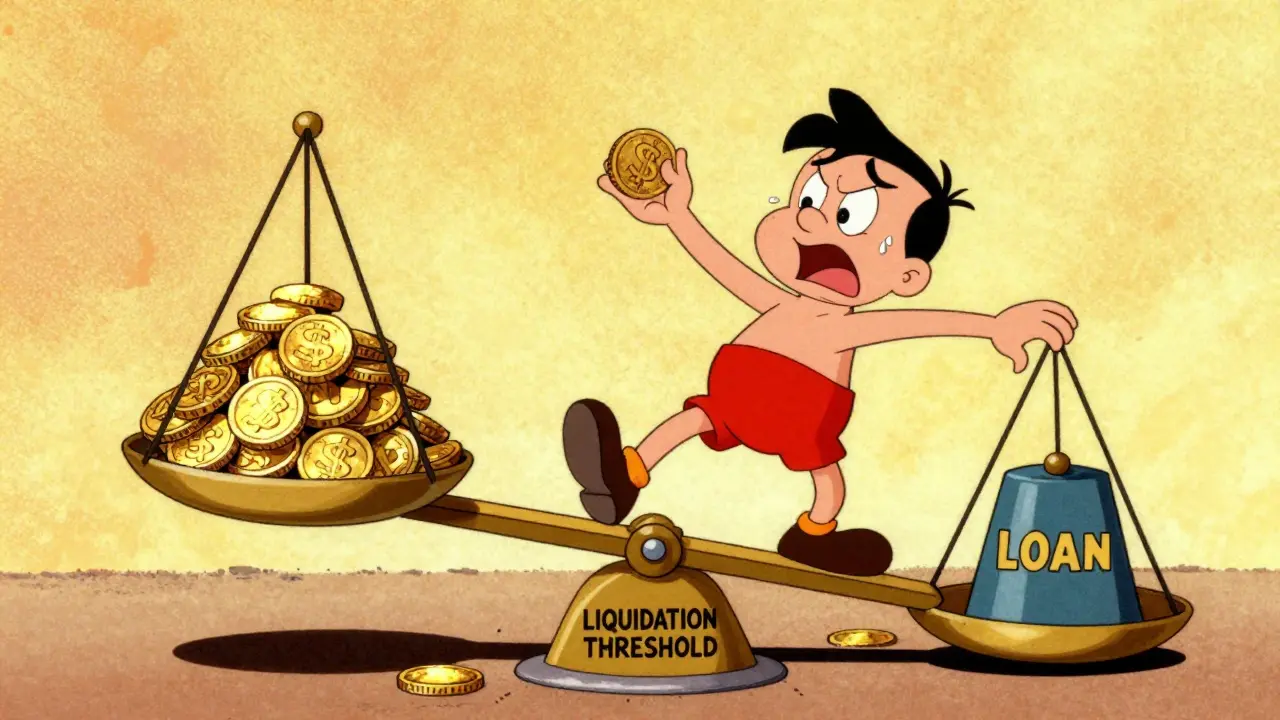 Vintage cartoon of a character balancing gold and a loan on a scale above a liquidation trapdoor.