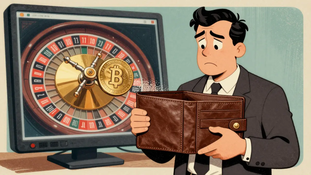 Vintage cartoon of a disappointed investor with a shrunken coin and a roulette wheel.