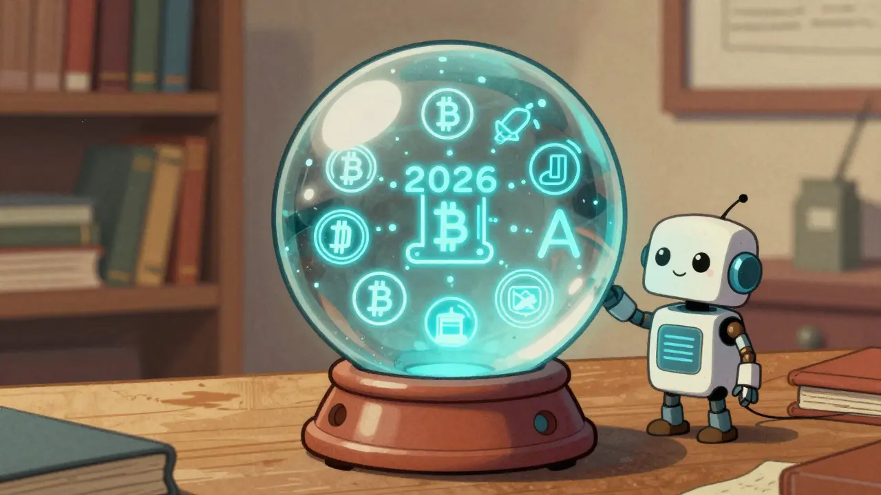Vintage cartoon of a friendly robot using a crystal ball for AI crypto predictions.
