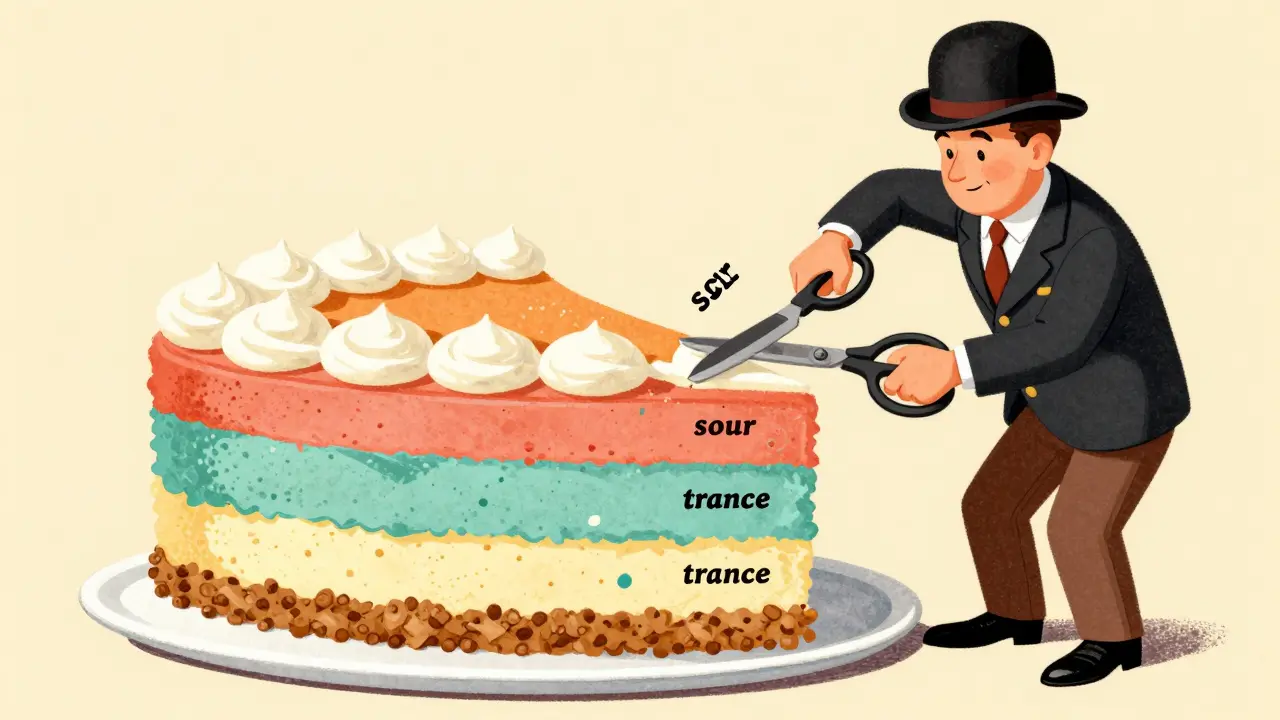 Vintage cartoon of a manager pruning a layered cake representing different risk tranches of a CLO.