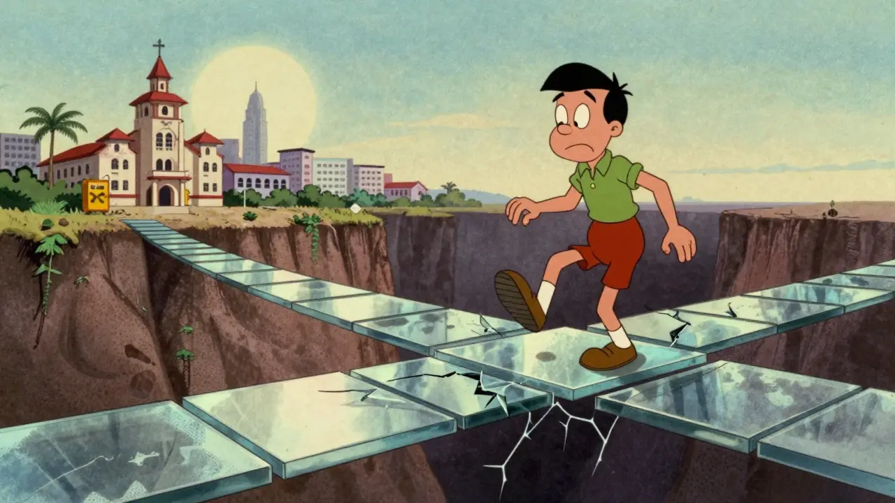 Vintage cartoon of a person hesitating to walk on a cracking glass bridge toward a distant city.