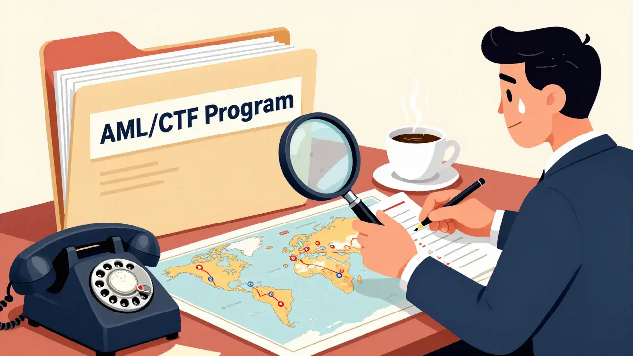 Vintage cartoon of a professional organizing complex AML and compliance documents.