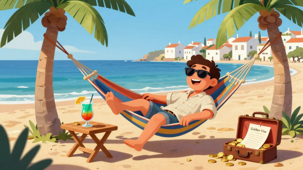 Vintage cartoon of a relaxed trader in a hammock on a sunny Portuguese beach with a Golden Visa