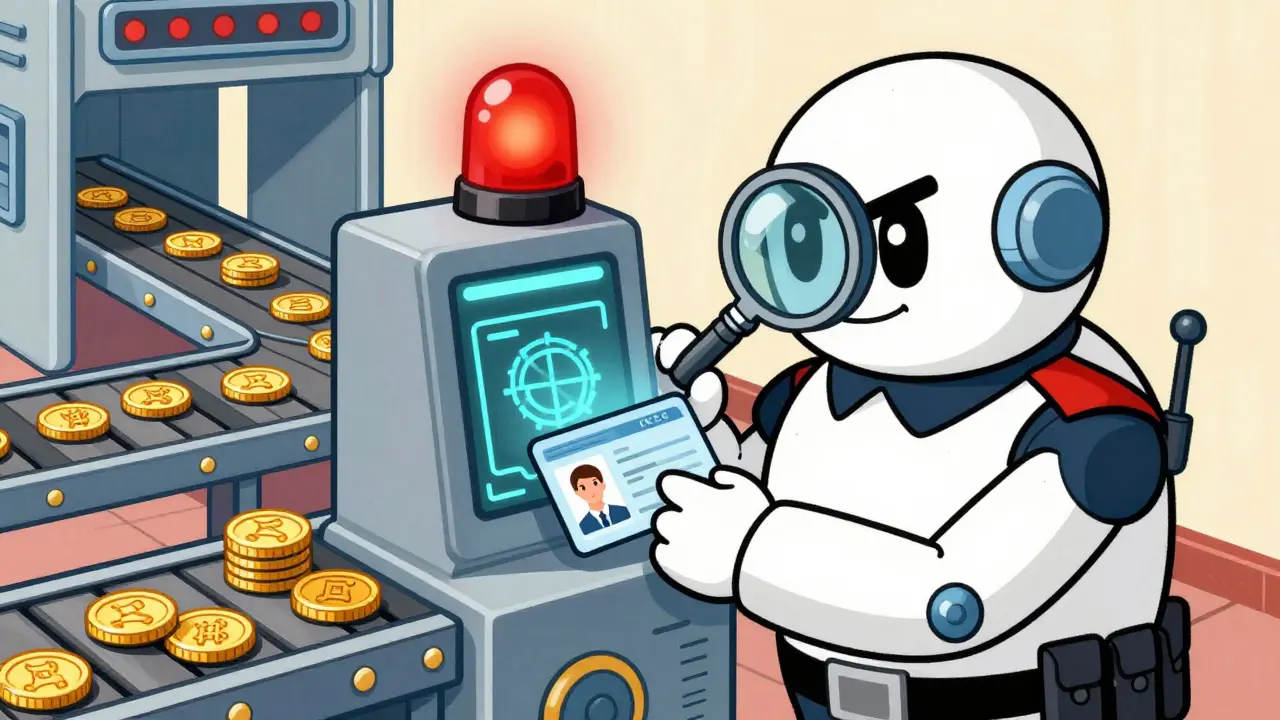 Vintage cartoon of a robotic guard performing identity verification on a crypto user.