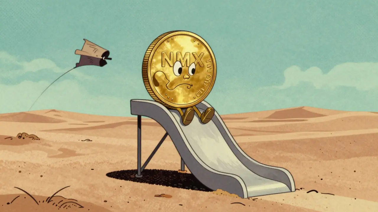 Vintage cartoon of a sad NMX coin on a declining price slide in a desert.