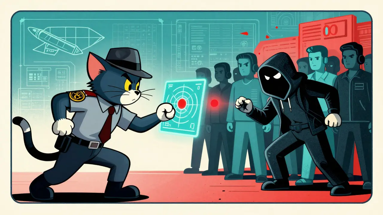 Vintage cartoon of an agent in a fedora tracking a hacker in a digital environment.