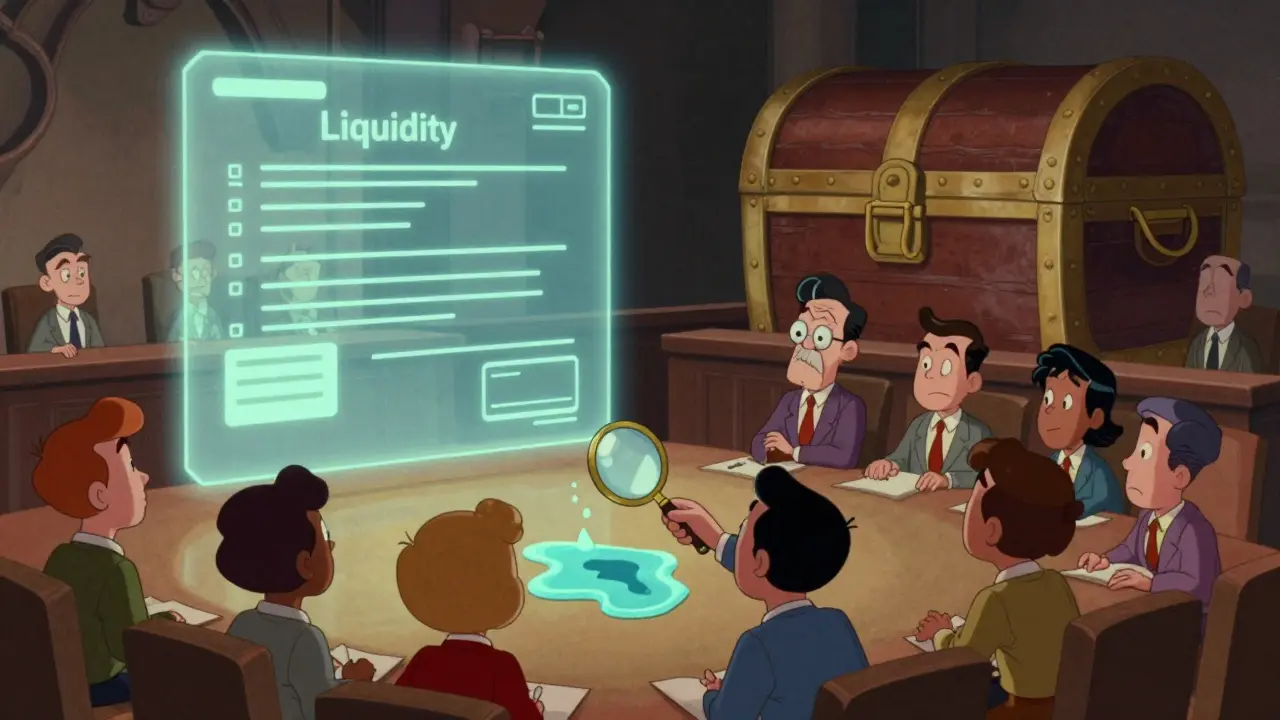 Vintage cartoon of characters voting on a digital proposal in a grand courtroom