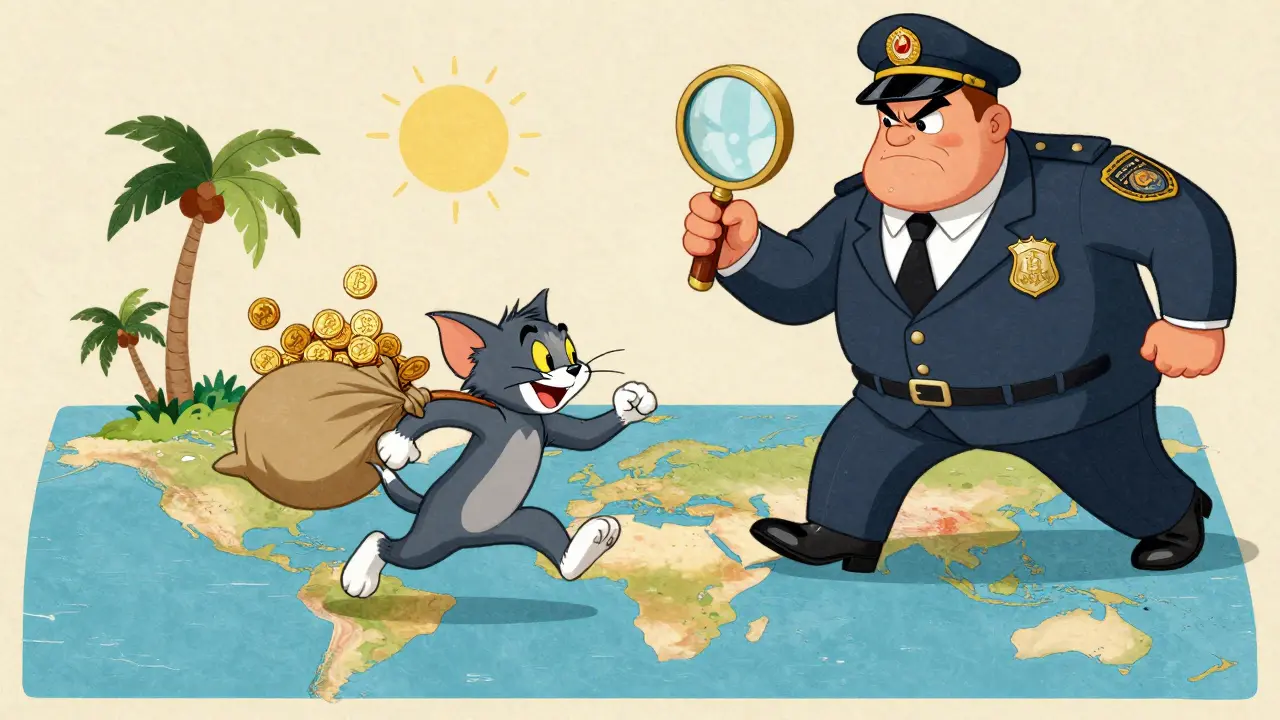 Vintage cartoon showing a crypto exchange character being chased by a regulator across a map.