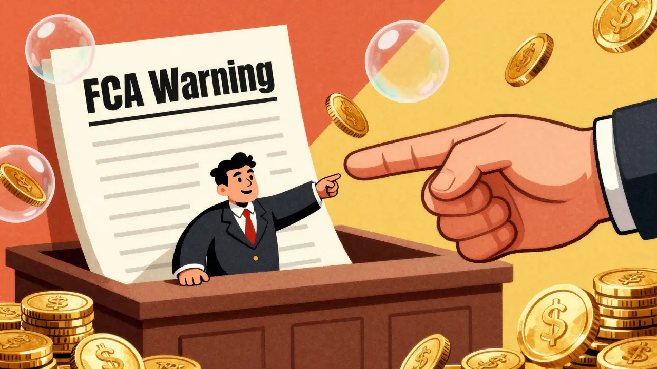 Vintage cartoon showing a fake exchange being exposed by a legal warning.