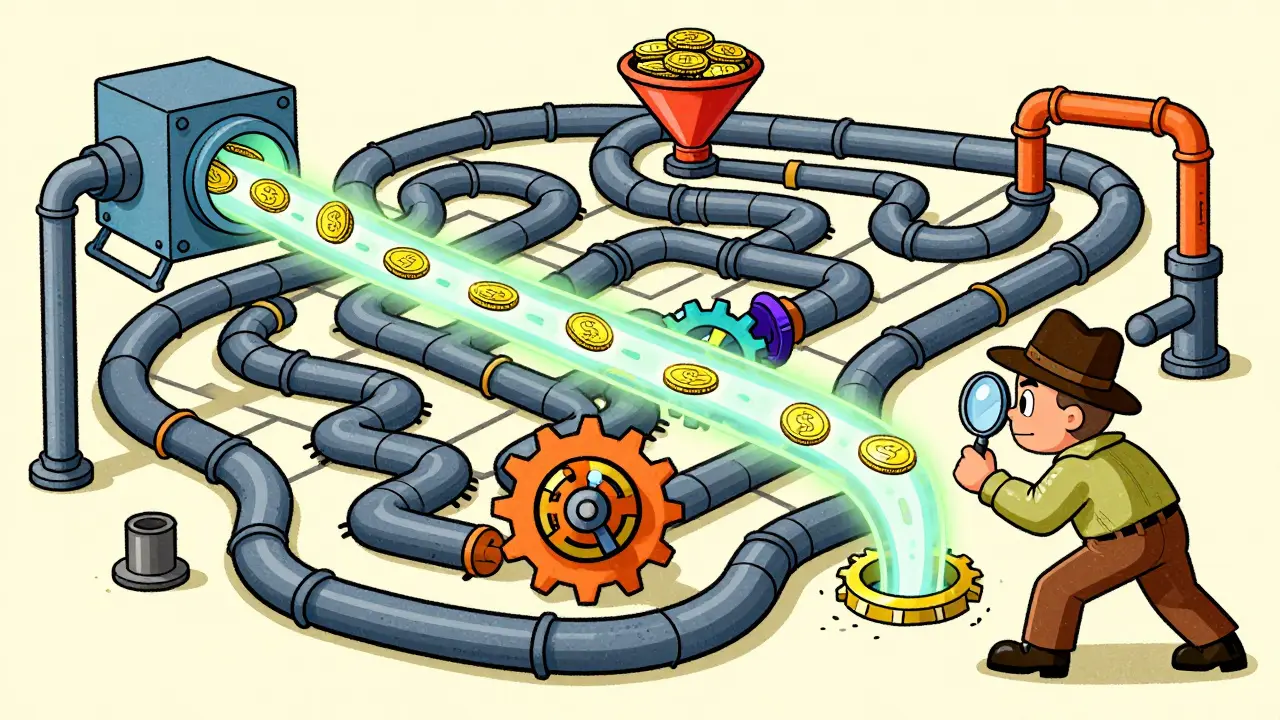 Vintage cartoon showing crypto coins moving through a colorful maze of pipes and mixers.