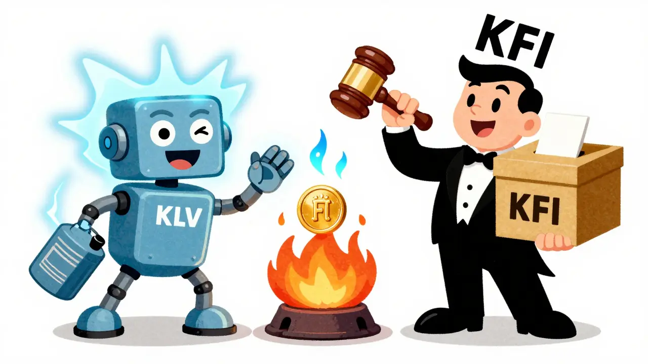 Vintage cartoon showing KLV robot powering the network and KFI governing the system
