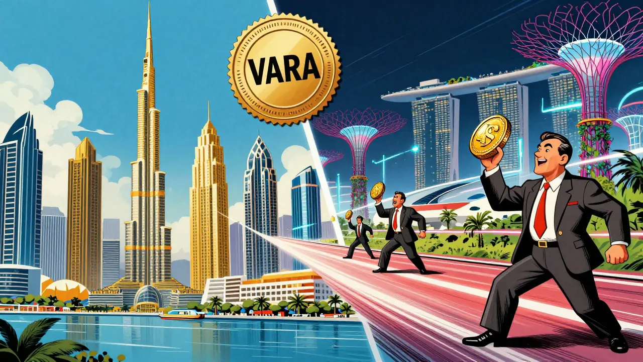 Vintage cartoon split scene showing the futuristic cityscapes of Dubai and Singapore with gold coins