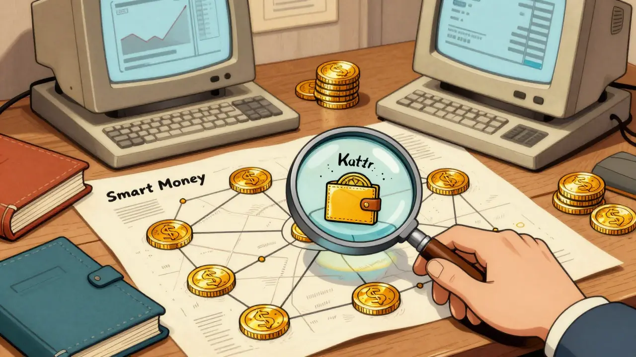 Vintage illustration of a detective's desk with a map of connected crypto wallets.