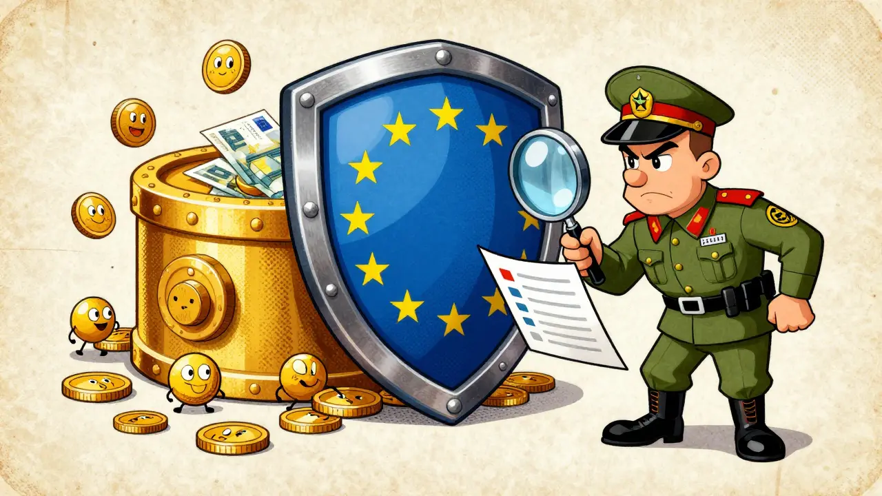 Vintage illustration of a giant EU shield protecting a vault from digital coins