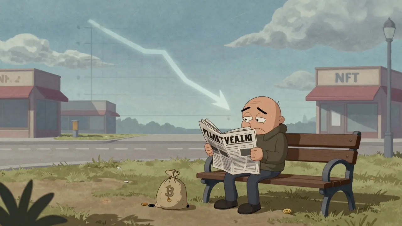 Cartoon character reflecting on low token value after the market crash.
