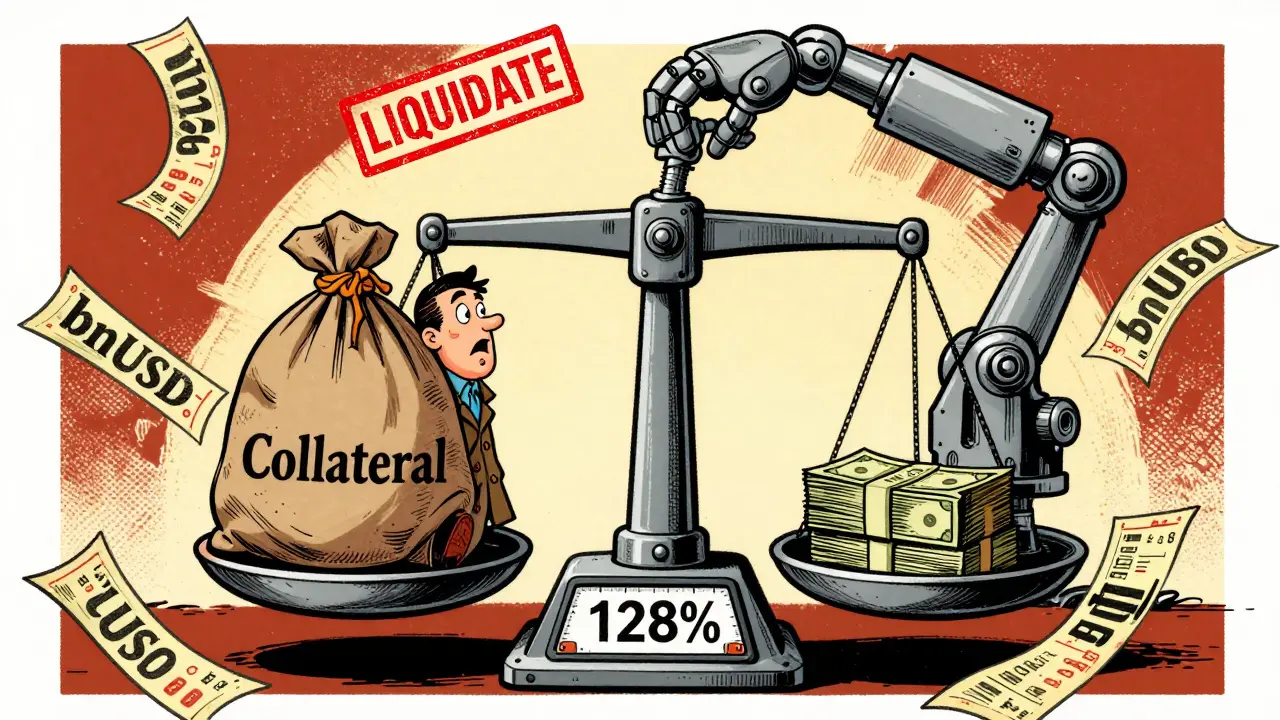 Cartoon character watching a 128% collateral scale with a looming liquidation stamp in vintage style.