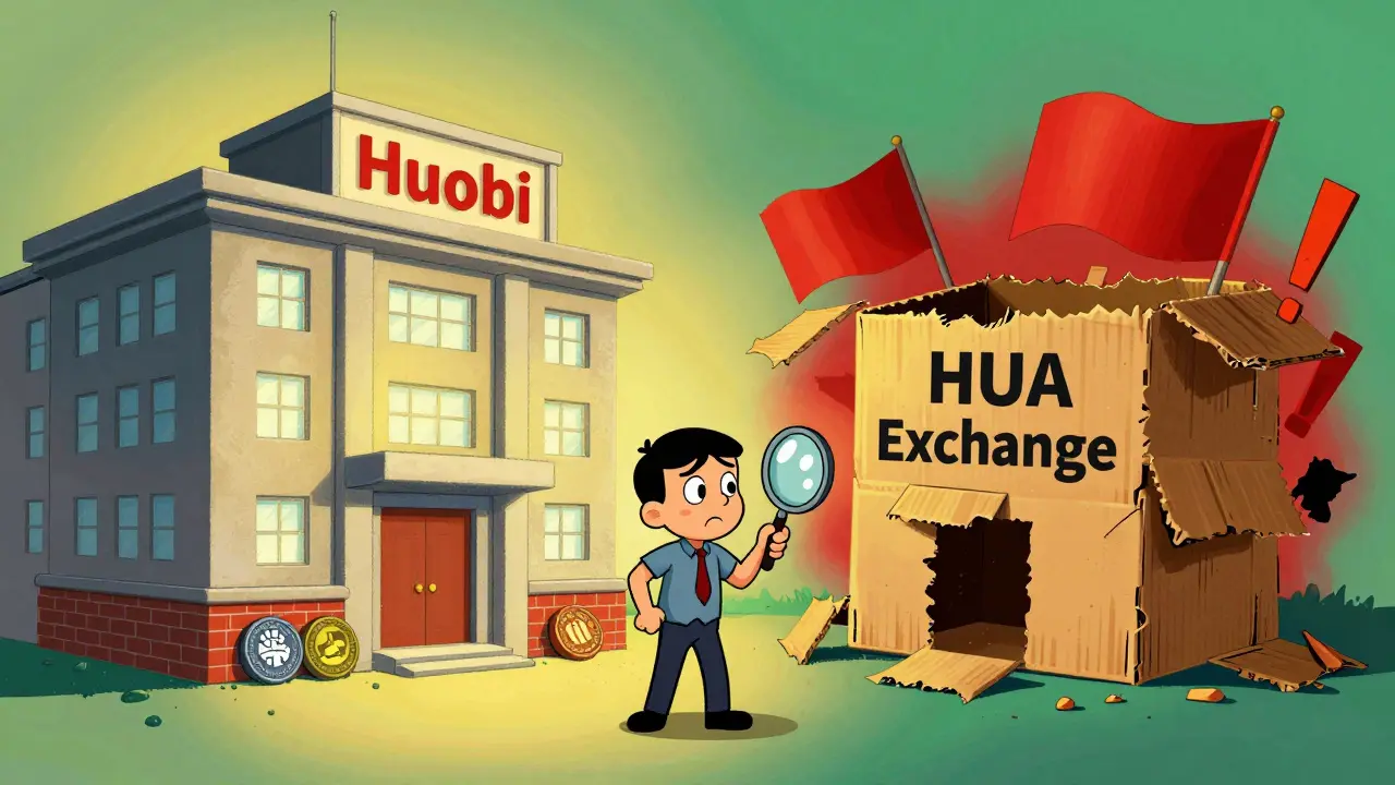 Cartoon comparison of a sturdy Huobi building vs a crumbling HUA structure