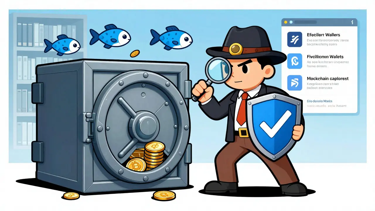 Cartoon detective protecting a digital vault from phishing attacks and fake sites.