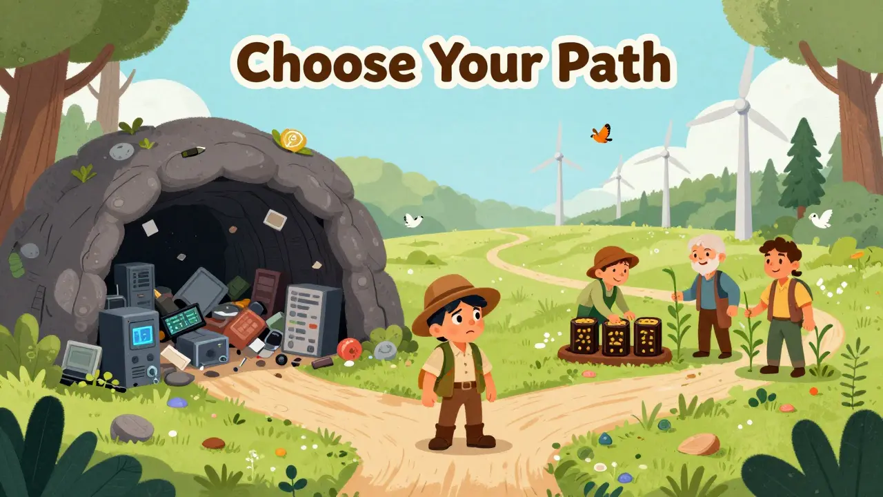Cartoon explorer choosing between e-waste cave and green farming meadow.