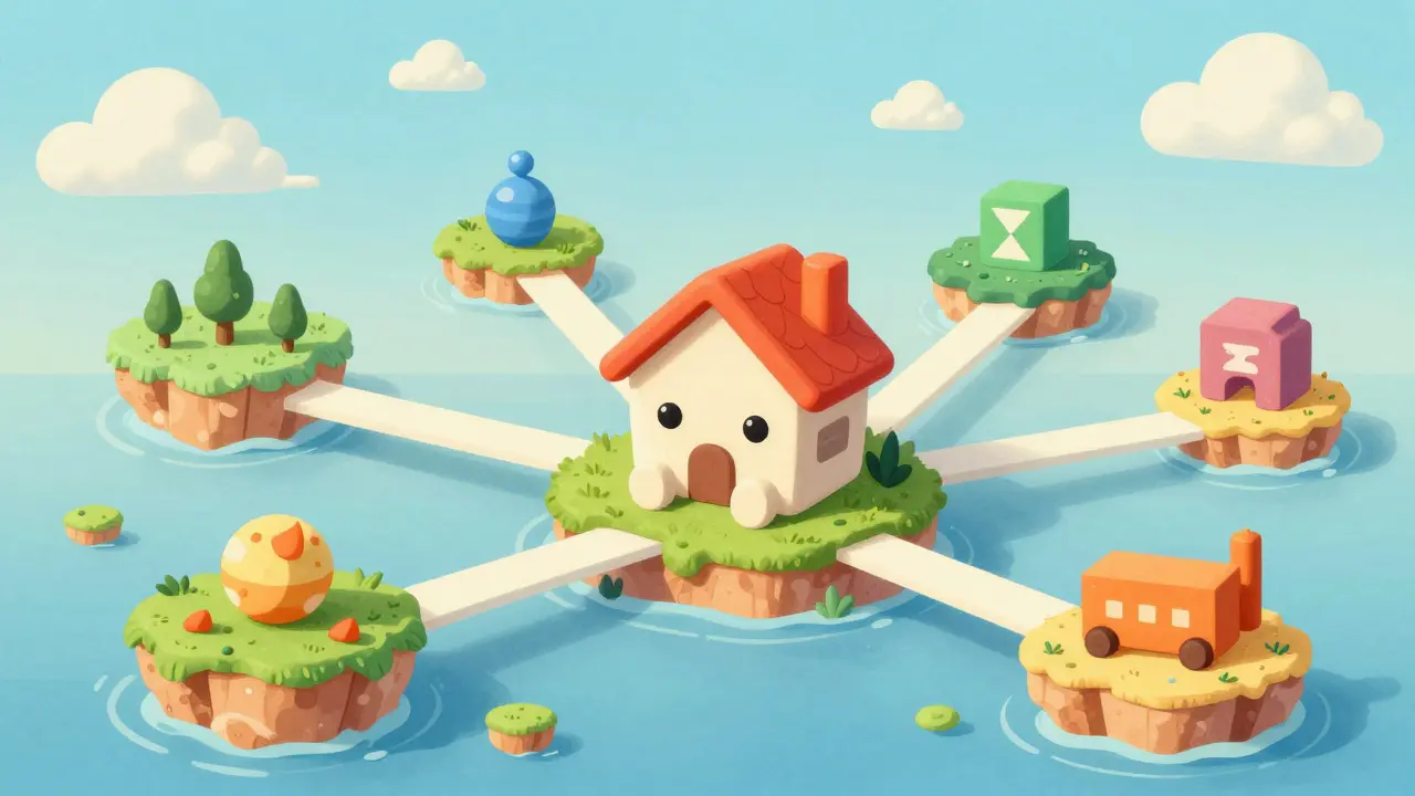 Cartoon house bridging colorful island chains to symbolize seamless cross-chain connectivity