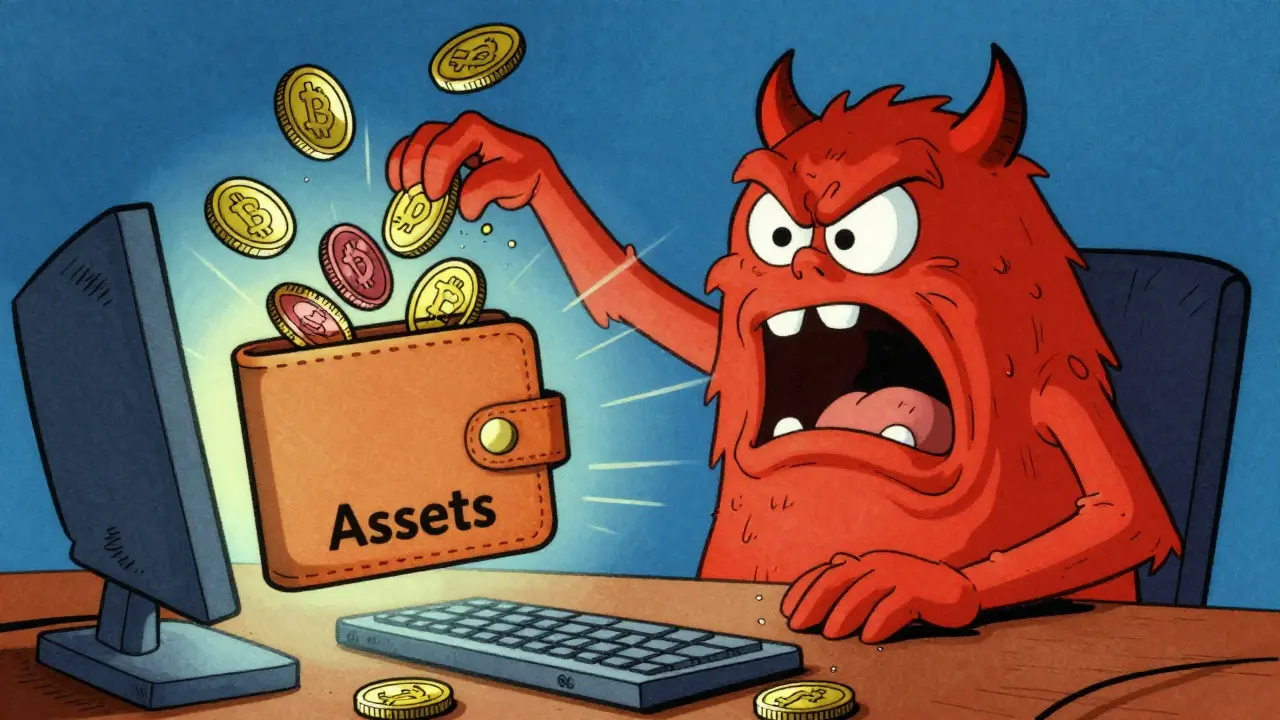 Cartoon monster draining coins from a crypto wallet