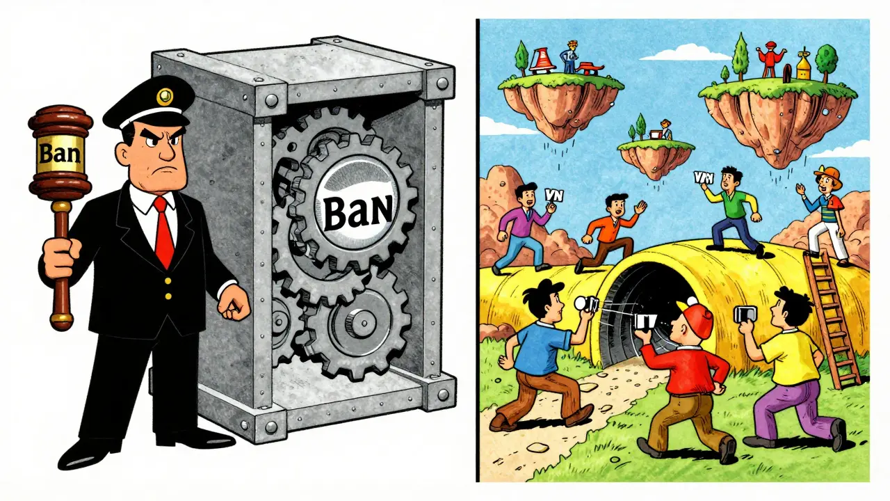 Cartoon showing conflict between strict government bans and citizens using VPNs for crypto.