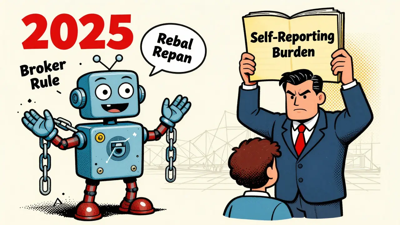 Cartoon showing repealed broker rules vs self-reporting burden