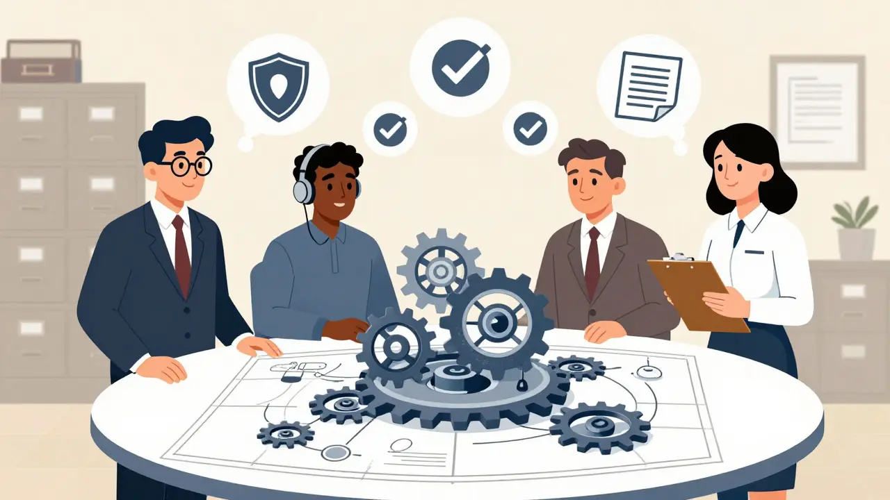 Cartoon team reviewing smart contract blueprints with security and compliance symbols above.