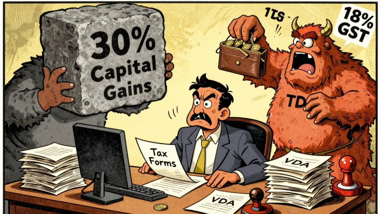 Cartoon trader struggling with personified tax monsters like 30% gains and GST.