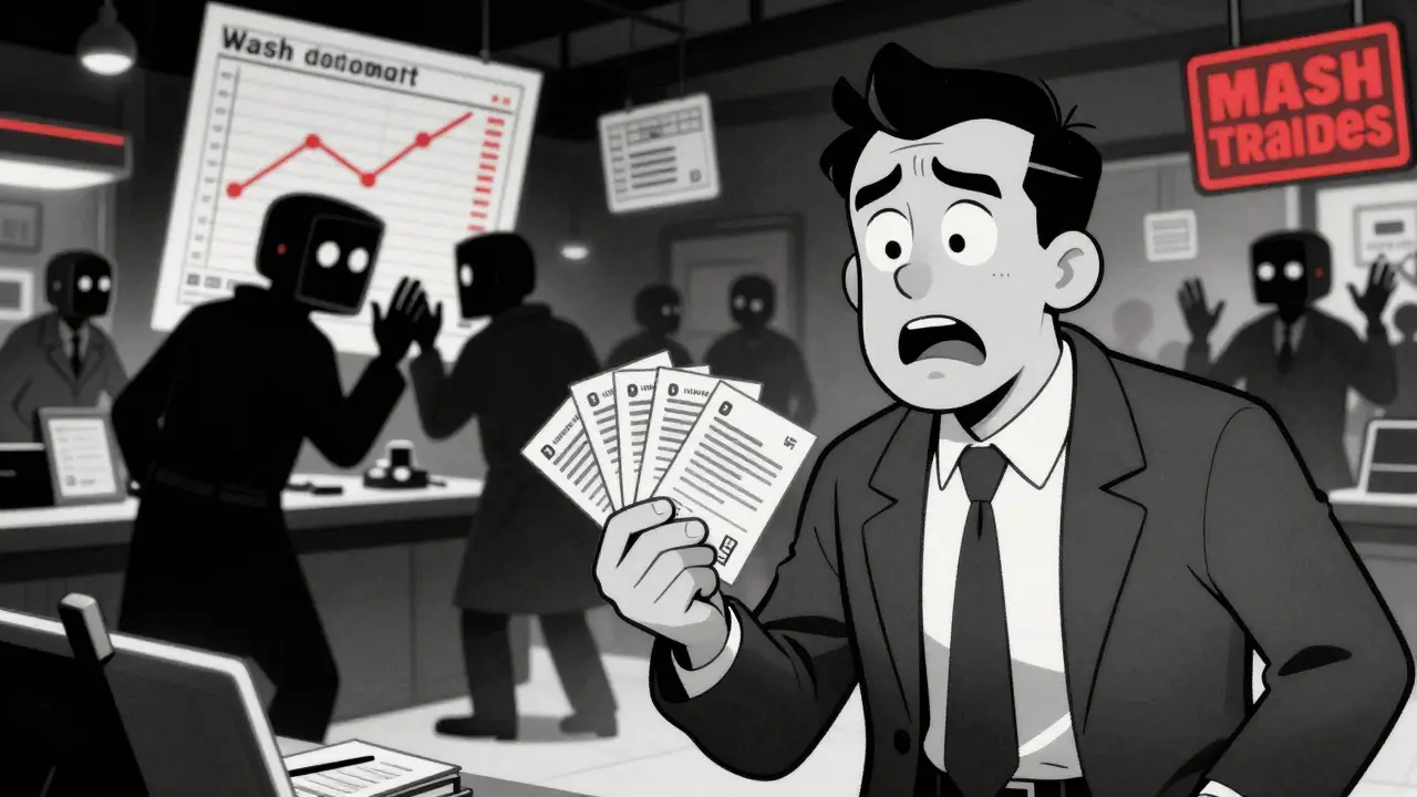 Confused investor surrounded by shadowy bot traders in a vintage noir cartoon style.