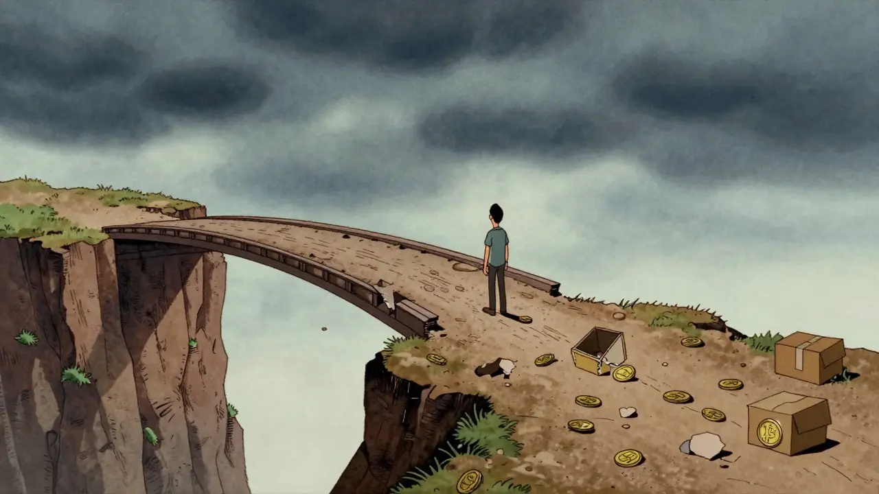 Crumbling bridge over a cliff with storm clouds, illustrating crypto regulatory risks.