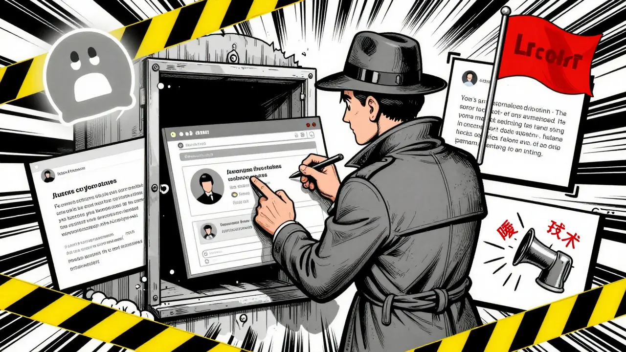 Detective inspecting a website trap surrounded by red flags and warnings