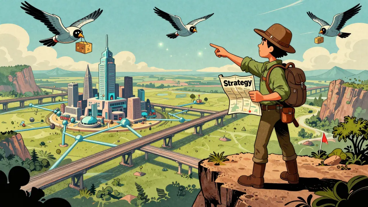 Explorer character mapping strategies across cross-chain bridges in a vintage cartoon style.