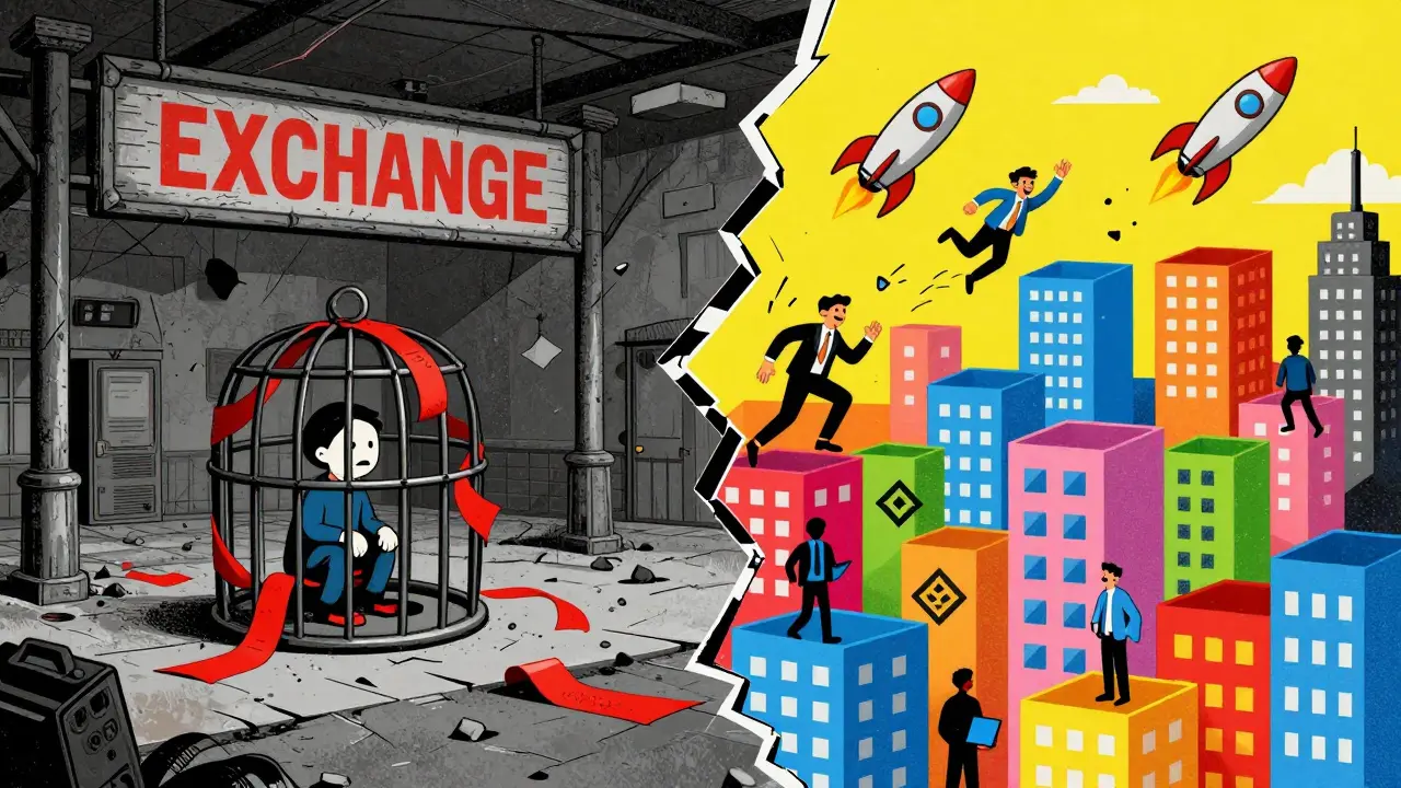 Ghost town vs vibrant crypto exchanges, cartoon