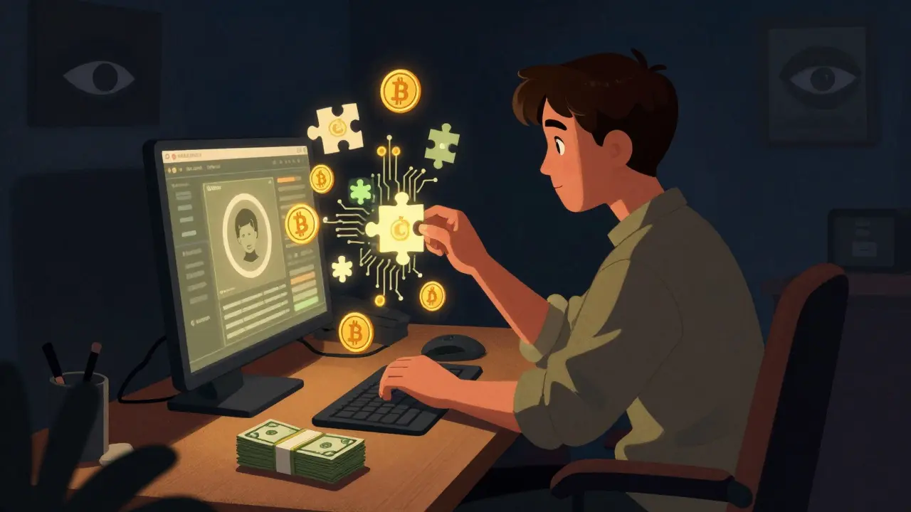 Illustration of a young man using DeFi protocols in a dark room, avoiding surveillance.