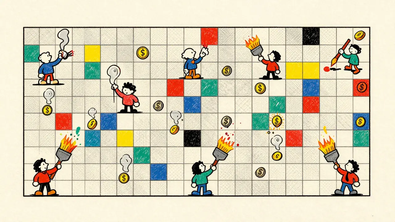 Illustration of characters painting a giant pixel grid as tokens burn away.