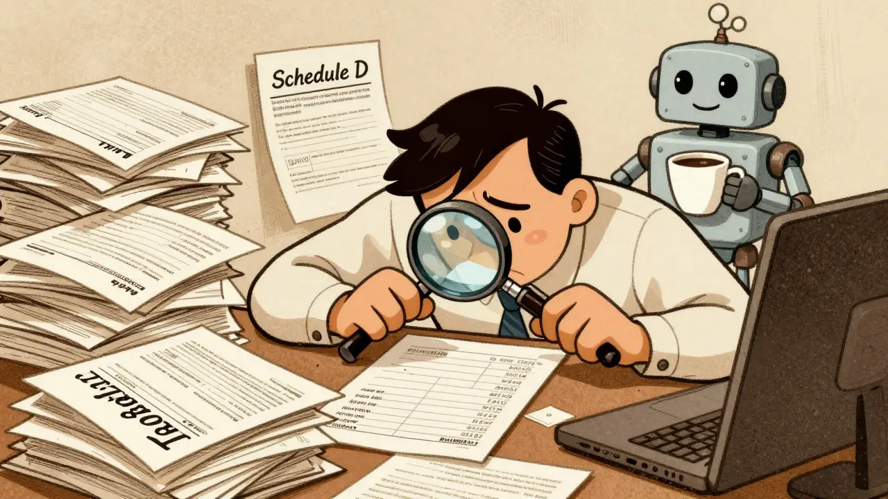Illustration of taxpayer overwhelmed by crypto tax forms and records