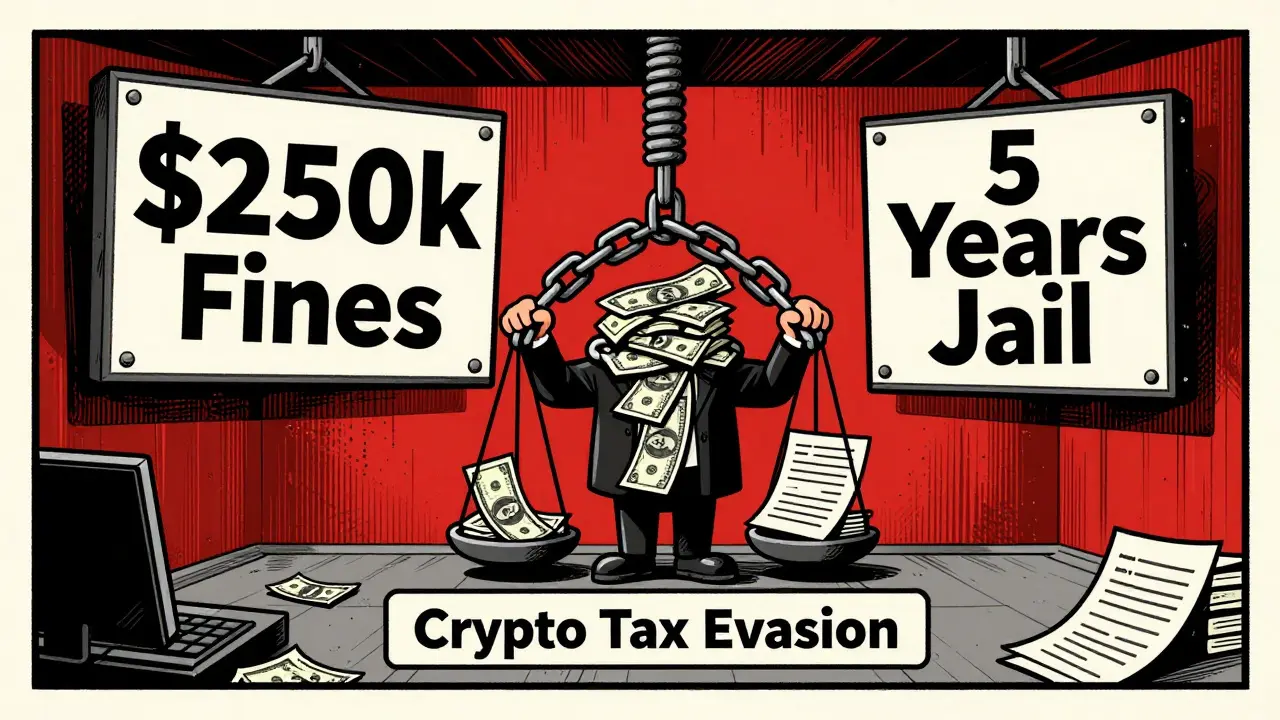Illustration showing heavy fines and jail time penalties for crypto tax evasion