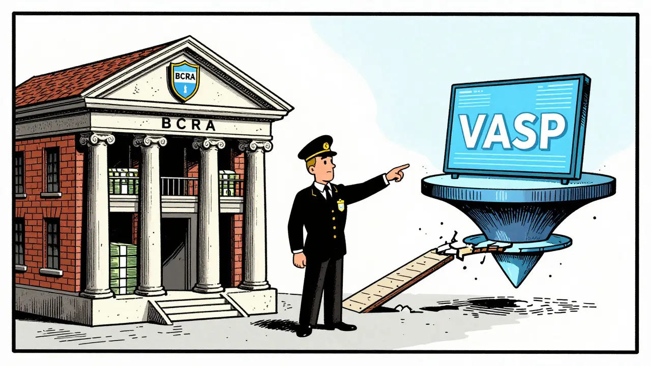 Illustration showing separate buildings for traditional banks and crypto VASPs divided by regulators