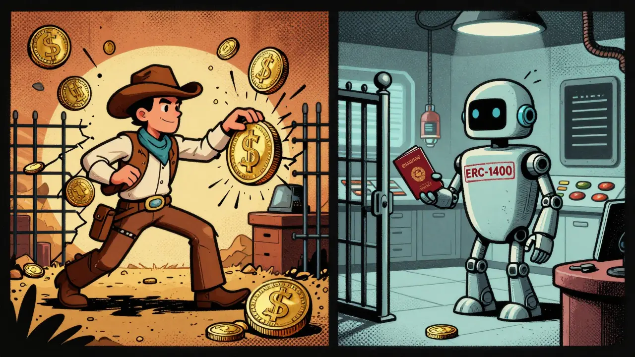 Retro illustration contrasting chaotic unregulated tokens with orderly ERC-1400 compliance gates.