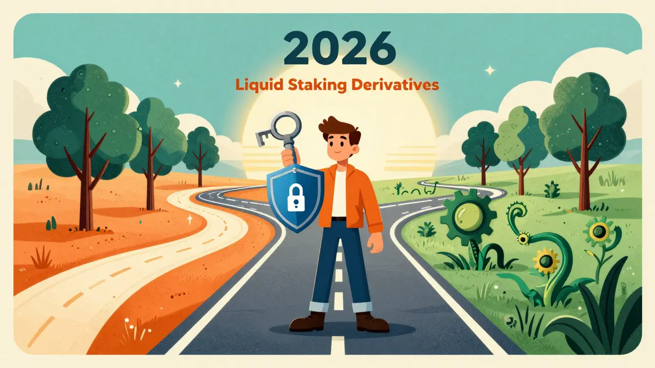 Retro illustration of combined staking and farming strategies merging into one path