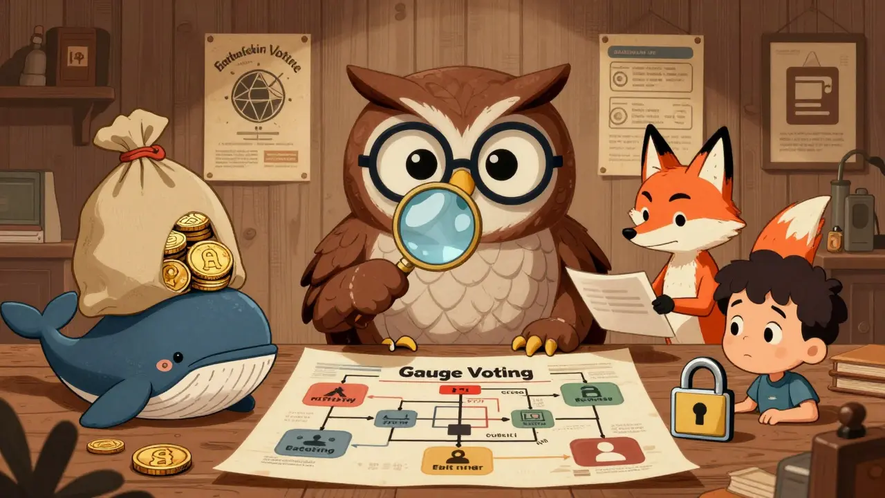 Retro illustration of DeFi users navigating gauge voting