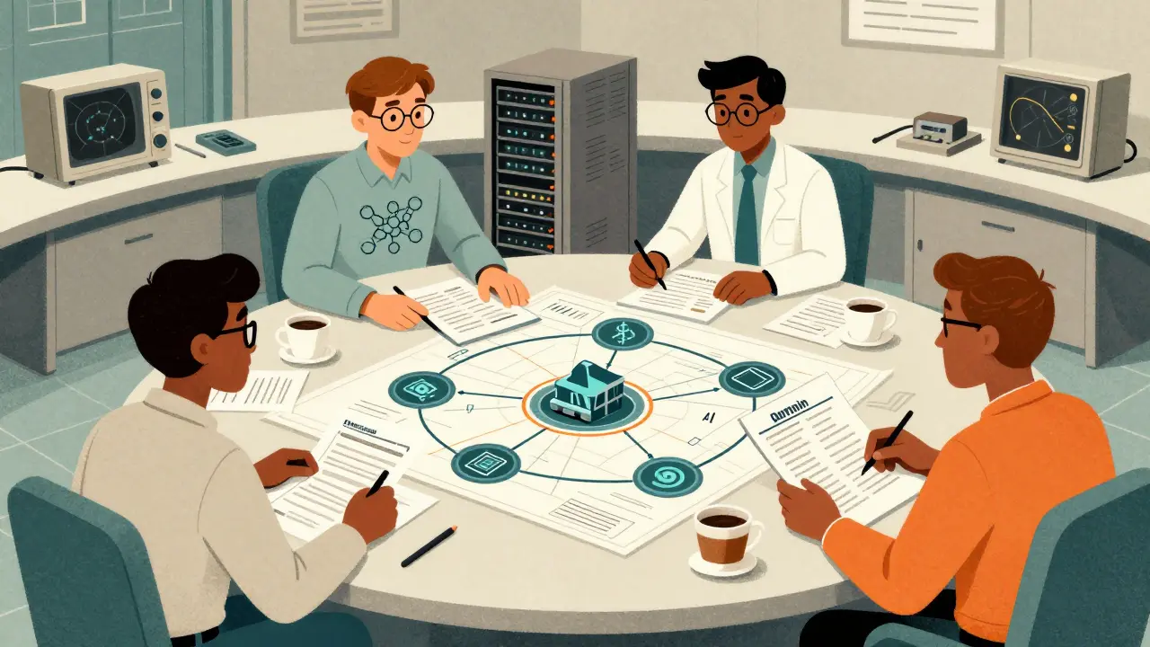 Retro illustration of tech team designing hybrid AI blockchain system