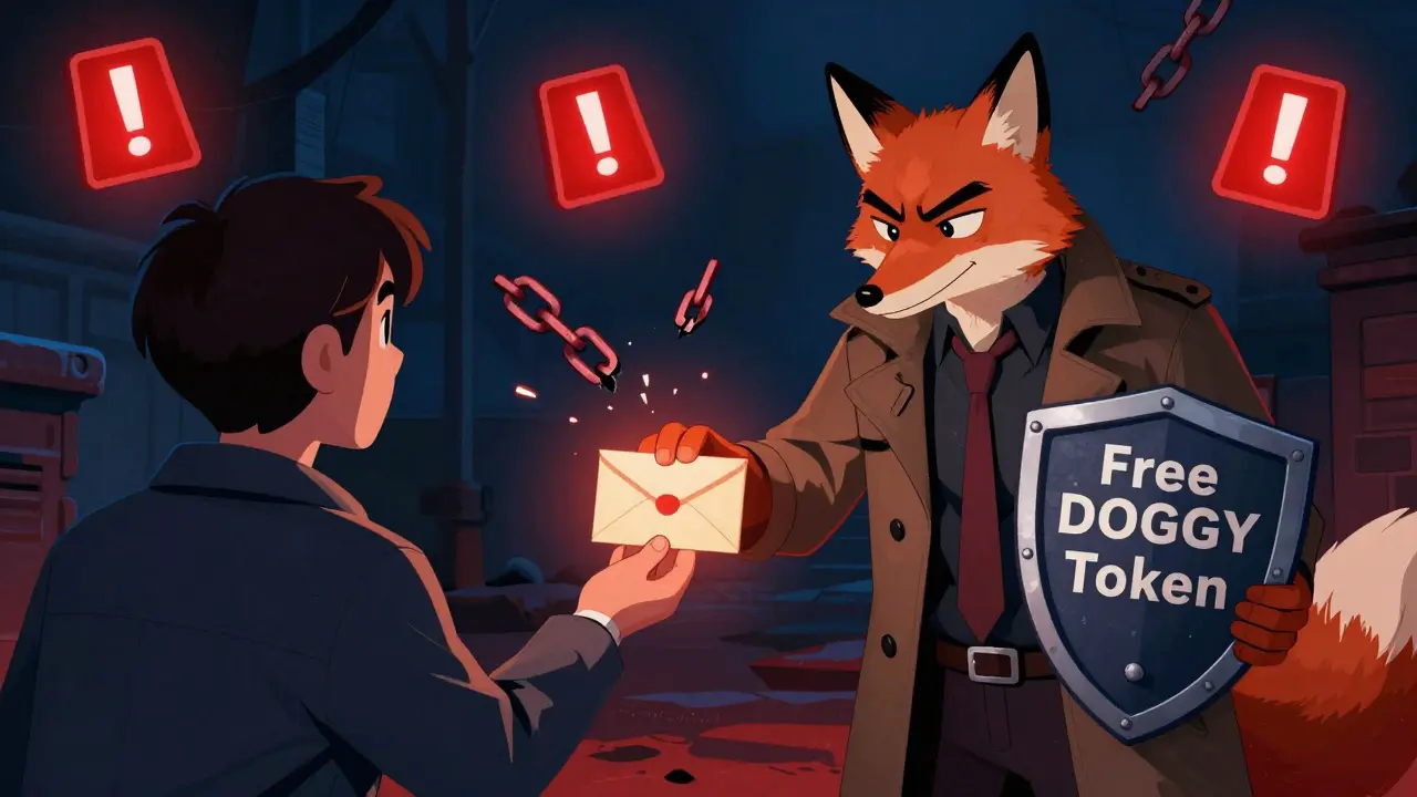 Shady scammer offering fake tokens to a cautious user protected by a wallet shield in vintage style.