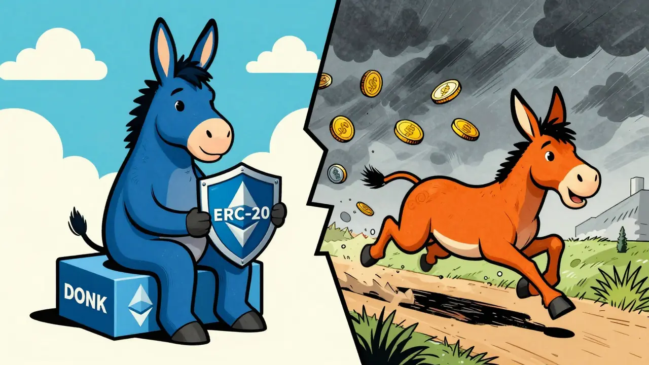 Split cartoon showing safe blue donkey vs chaotic orange mule