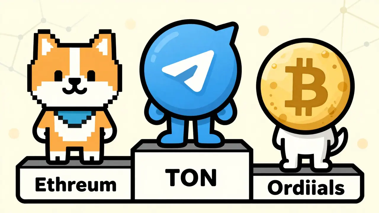 Three different dog-themed crypto mascots standing on separate blockchain podiums in retro art.